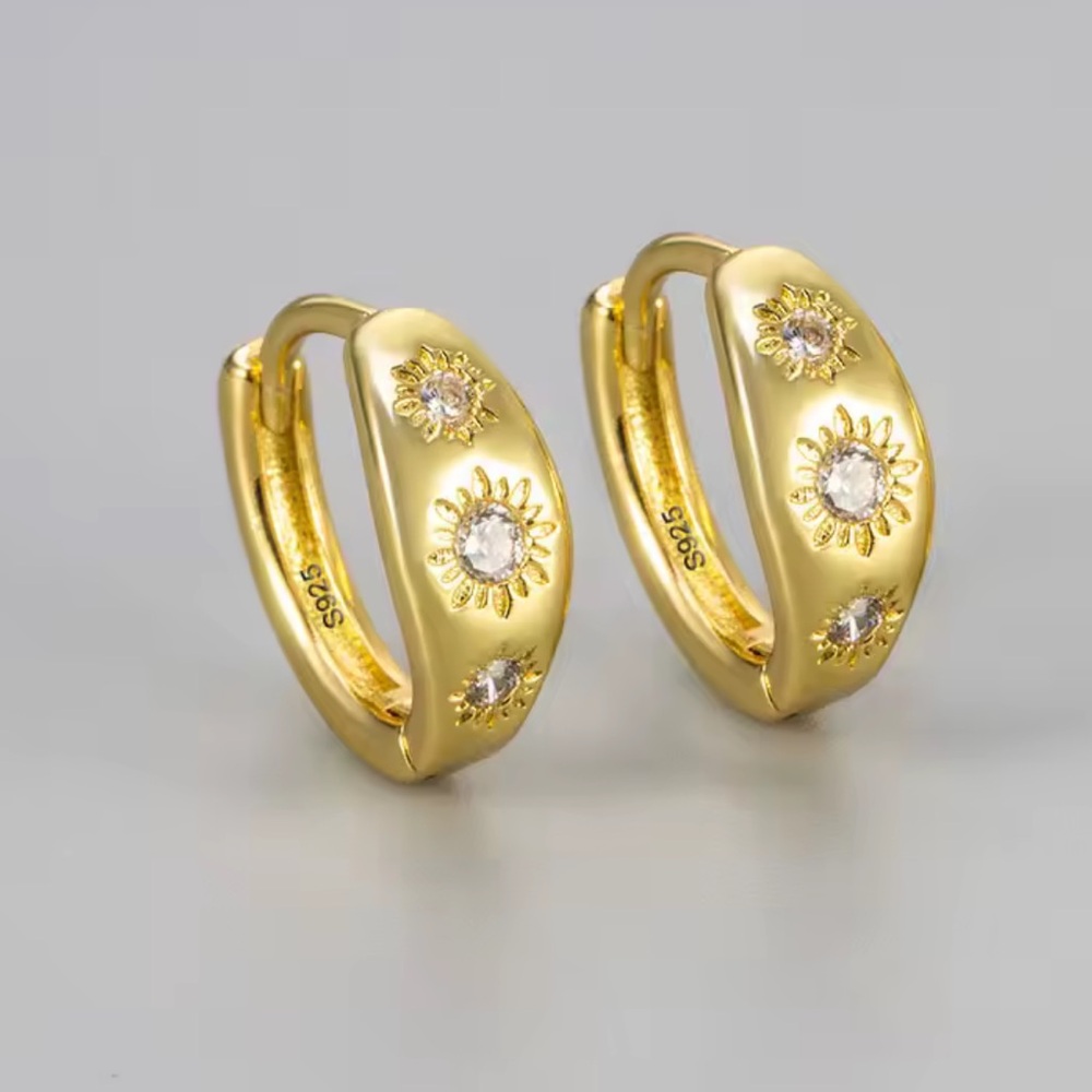 New Drop! Gold Flower Huggie Hoop Small Micro Earrings Crystal Paved - Picture 1 of 1